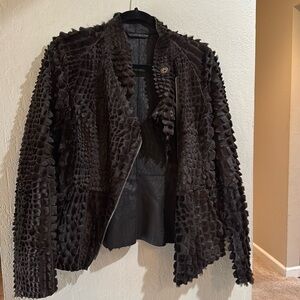 Emporio Armani Brown Crocodile Embossed Fur Mutton Leather Moto Jacket